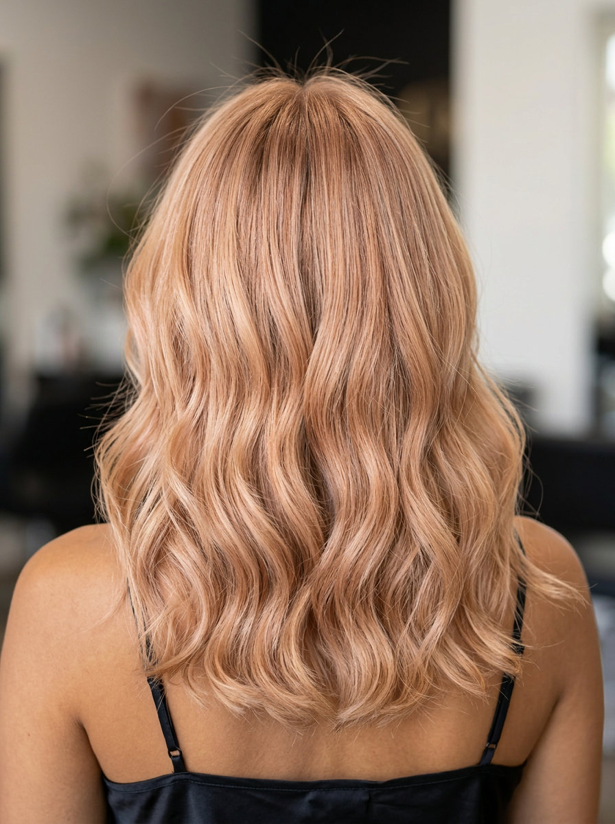 Strawberry Butter Babylights 2026 long strawberry butter blonde highlights with pink-gold shimmer, babylights technique — romantic garden party
