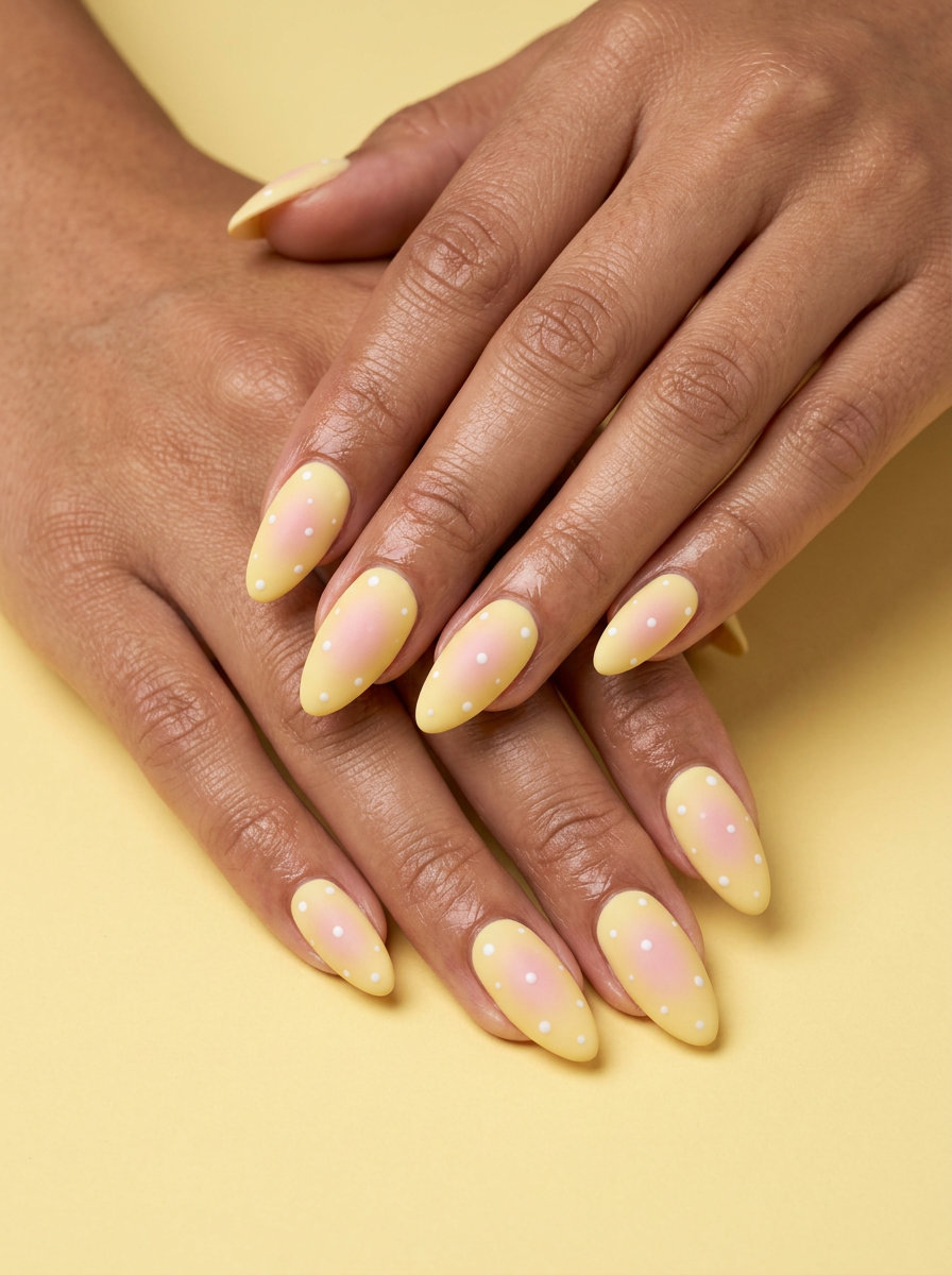 Butter Yellow Aura Dots Almond Nails 2026 Butter yellow aura dots almond nails for summer almond nails 2026, perfect for festivals.