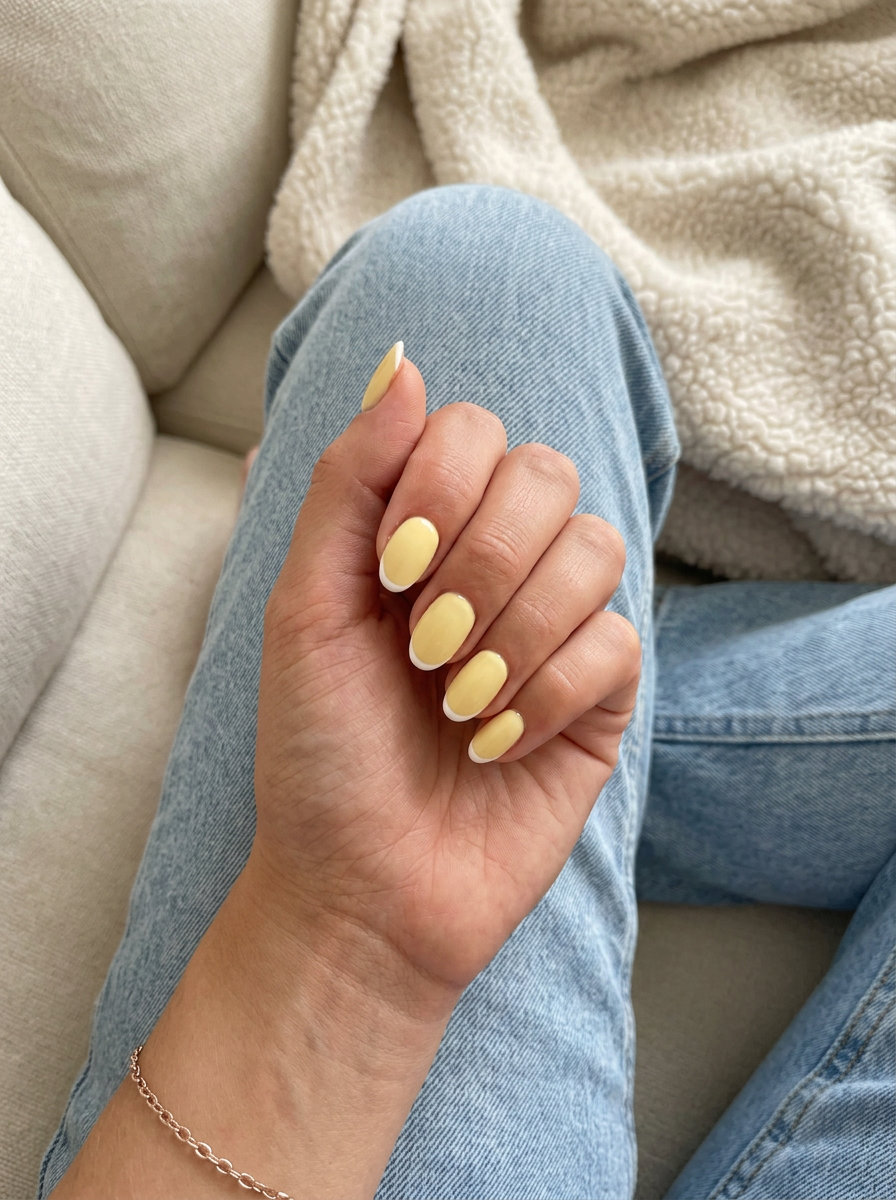 Butter Yellow Micro French Almond Nails 2026 Butter yellow micro French almond nails for summer almond nails 2026, chic and clean.