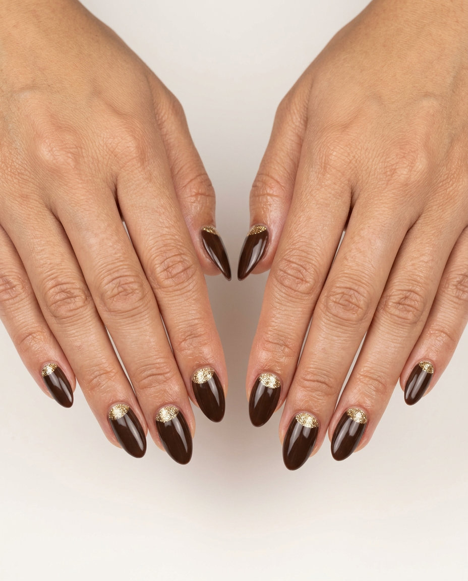 Chocolate Brown Glitter Half Moon Almond Nails 2026 Chocolate brown glitter half moon almond nails for summer almond nails 2026, glamorous.