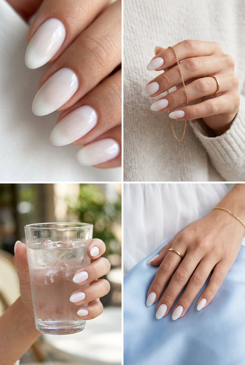 Milky aura almond nails for summer almond nails 2026, ethereal and radiant.