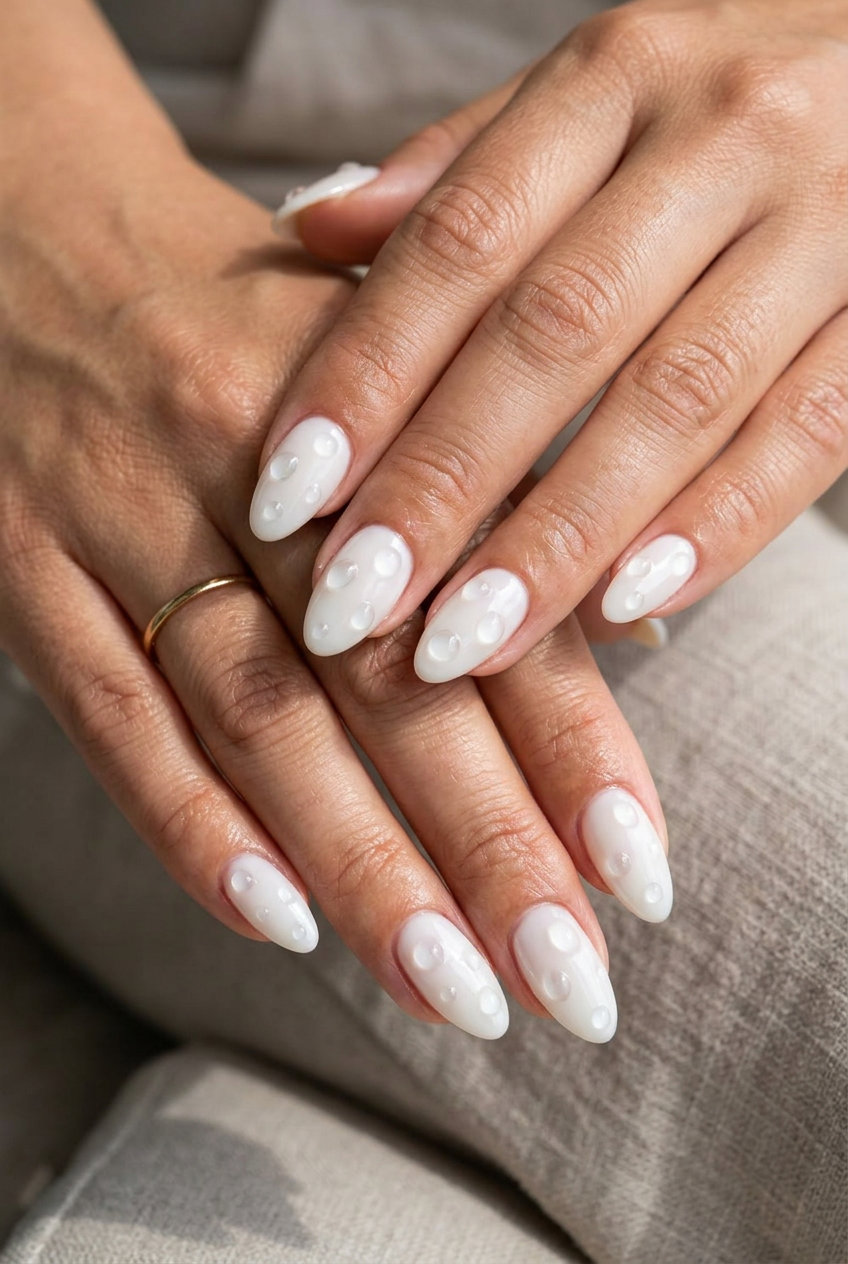 Milky White 3D Water Droplet Almond Nails 2026 Whimsical milky white 3D water droplet almond nails for summer almond nails 2026. Artistic & playful.