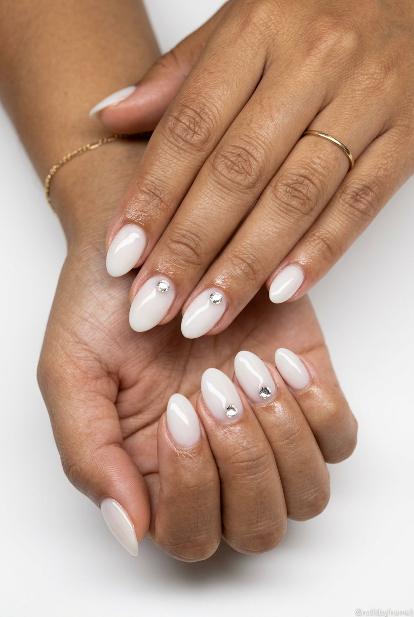 Milky White Crystal Accent Almond Nails 2026 Glamorous milky white crystal accent almond nails for summer almond nails 2026. Perfect for weddings.
