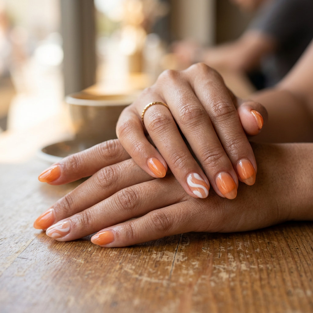 Sheer Apricot Abstract Swirl Almond Nails 2026 Sheer apricot abstract swirl almond nails for summer almond nails 2026, romantic and soft.