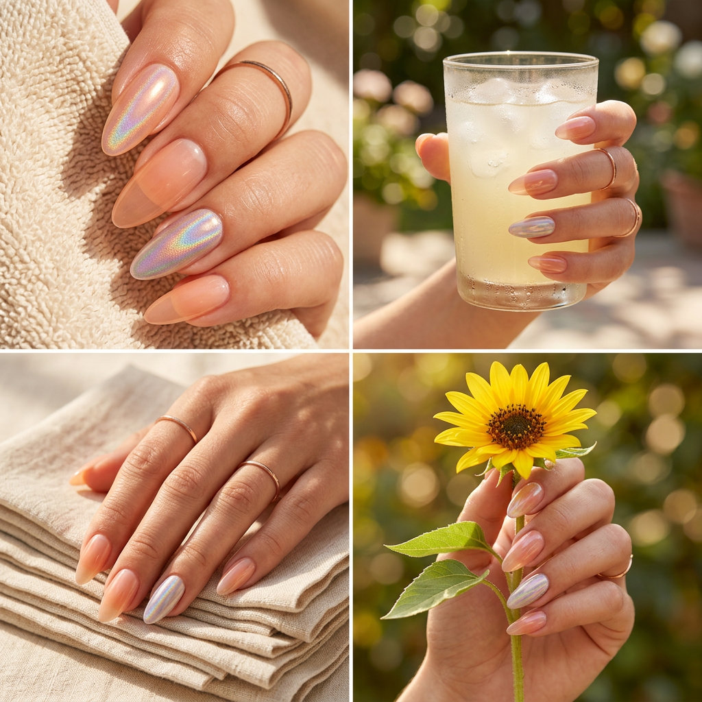 Sheer Peach Holographic Almond Nails 2026 Sheer peach holographic almond nails for summer almond nails 2026, romantic and ethereal.