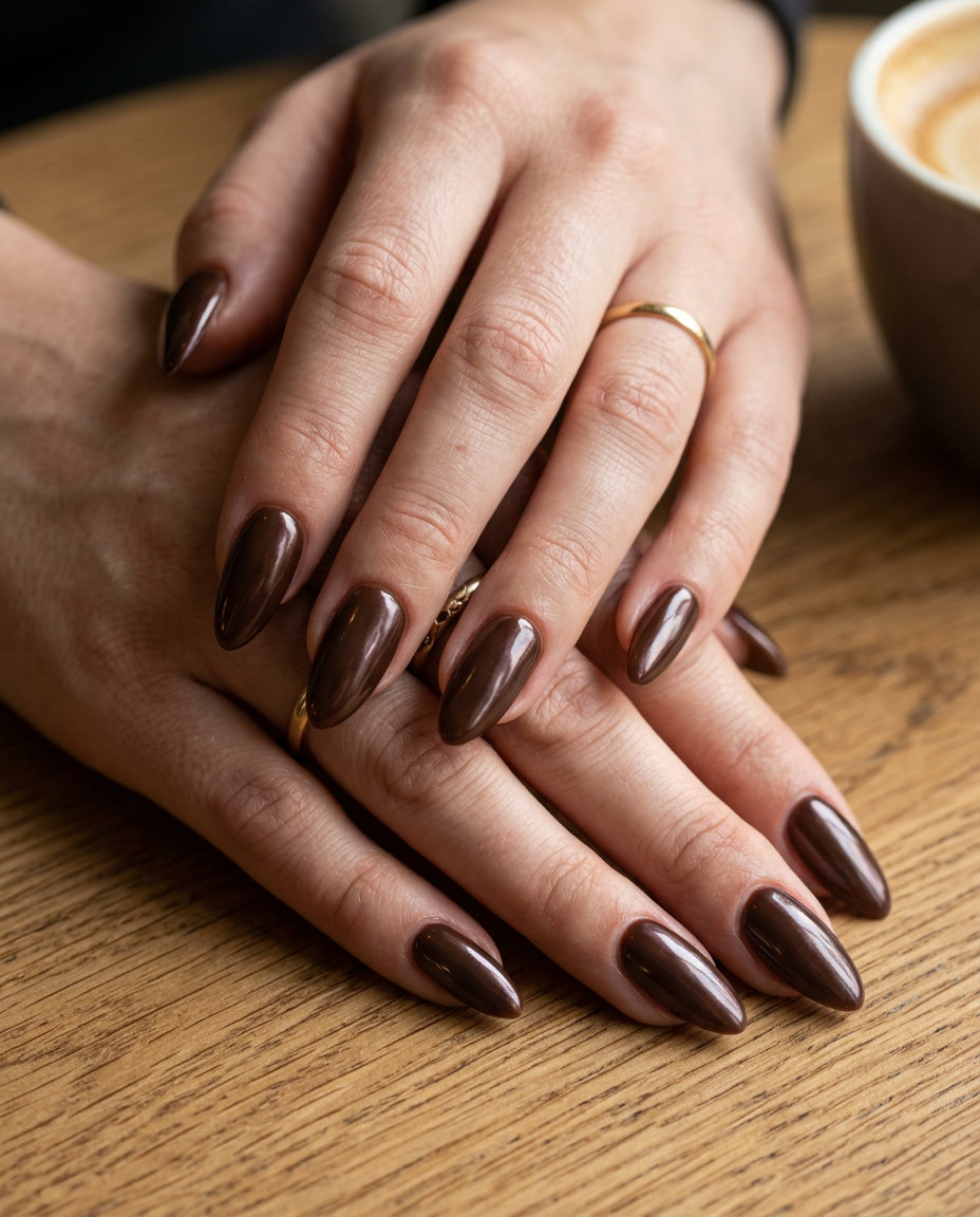 Chocolate Brown Glazed Nails 2026: Sultry Glam Sultry chocolate brown glazed almond nails 2026 for parties. Luxurious and glamorous.