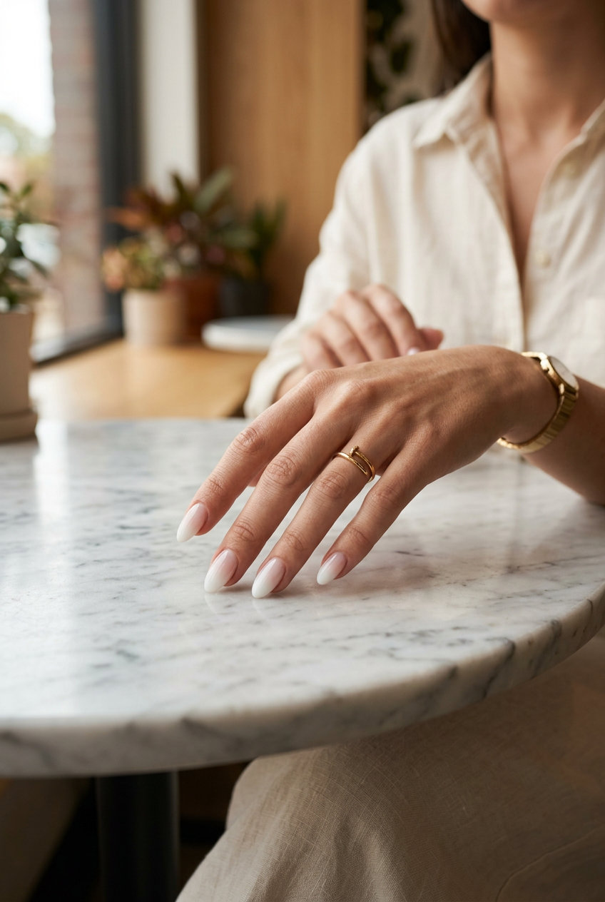 Milky Nude Ombre Nails 2026: Clean Girl Style Clean girl aesthetic milky nude soft fade almond nails 2026 for weddings. Polished and serene.