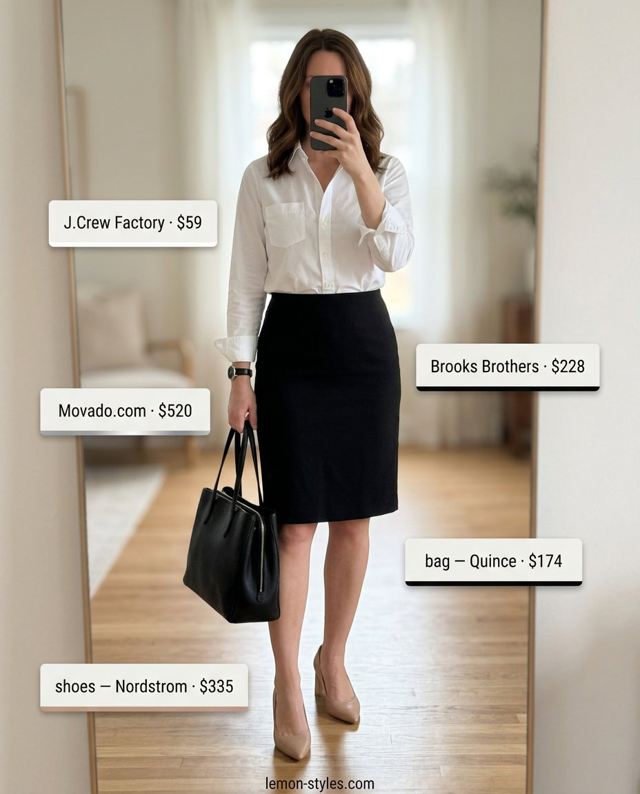 Workwear Bias Cut Skirt Outfits 2026 Chic black bias cut pencil skirt outfit with button-down shirt and block heels. Sophisticated workwear 2026.