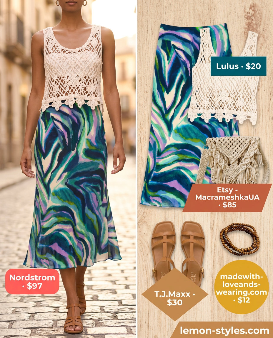 Bohemian Rhapsody Bias Skirt Outfits 2026 Bohemian rhapsody outfit: floral bias cut midi skirt, crochet tank, macrame bag, and gladiator sandals.