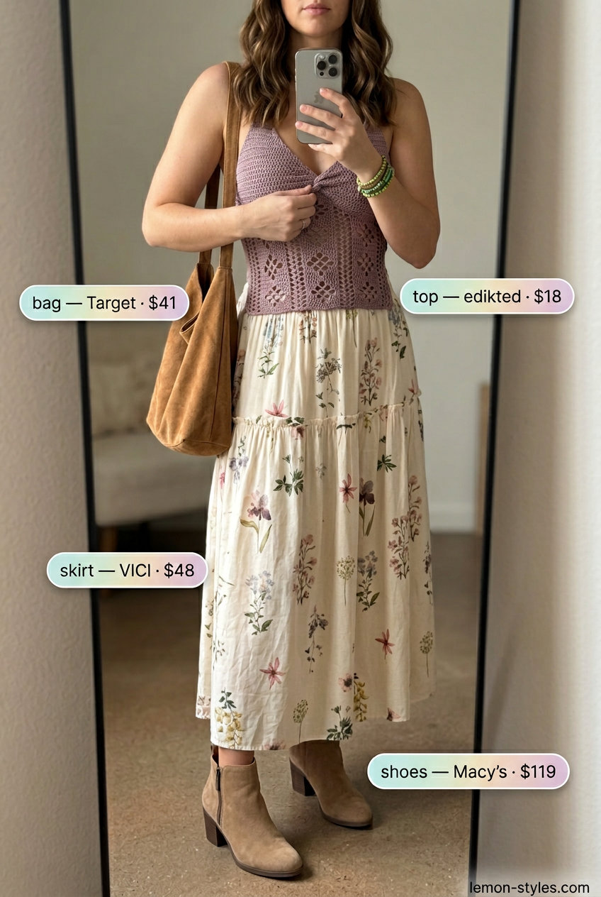 Boho Summer Bias Cut Skirt Outfits 2026 Boho summer bias cut skirt outfit with crochet top, suede boots, and beaded bracelets. Perfect for festivals 2026.
