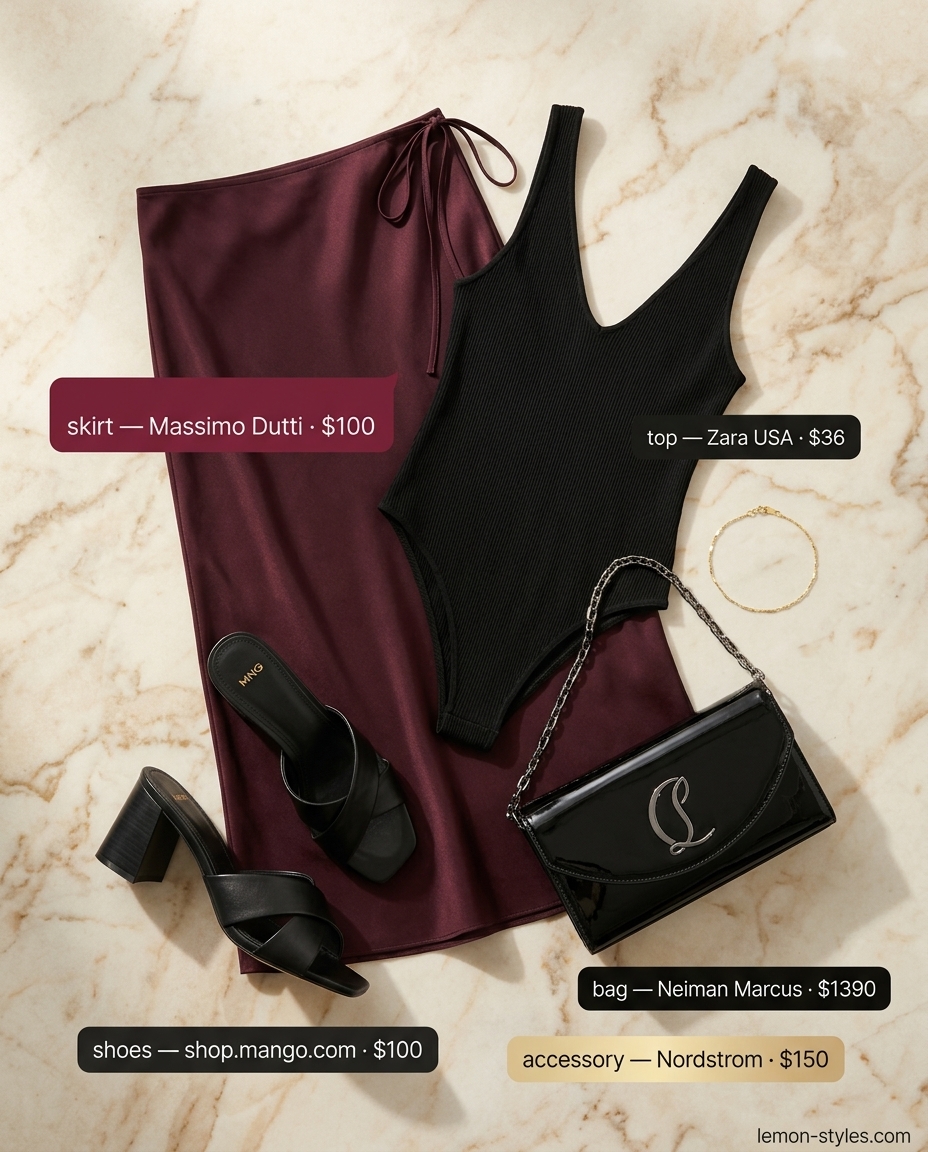 Elegant Bias Cut Skirt Outfits 2026 Elegant burgundy bias cut wrap skirt outfit with black bodysuit, block heels, and clutch. Chic for evenings 2026.