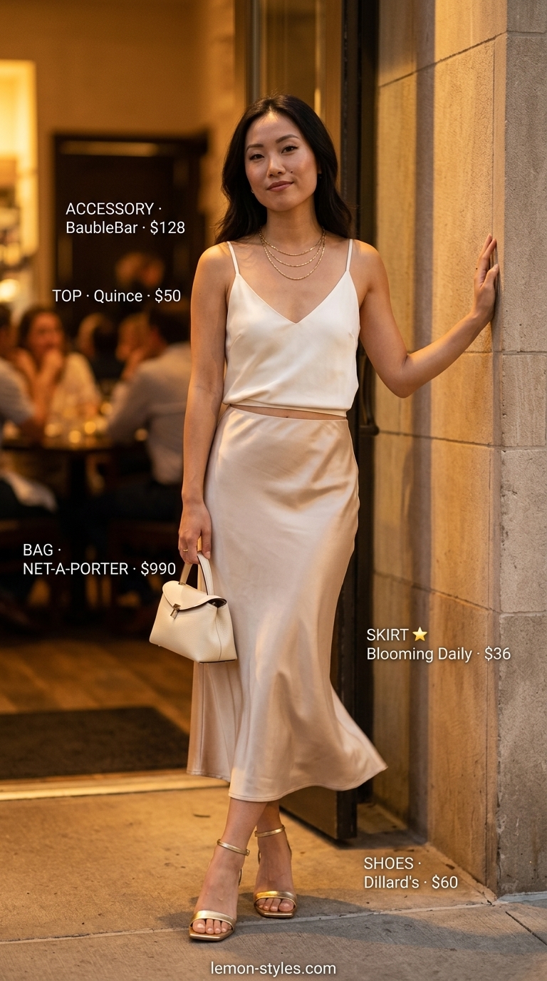 Date Night Summer Bias Skirt Outfits 2026 Elegant champagne bias cut midi skirt outfit with satin cami and gold heels for date night.