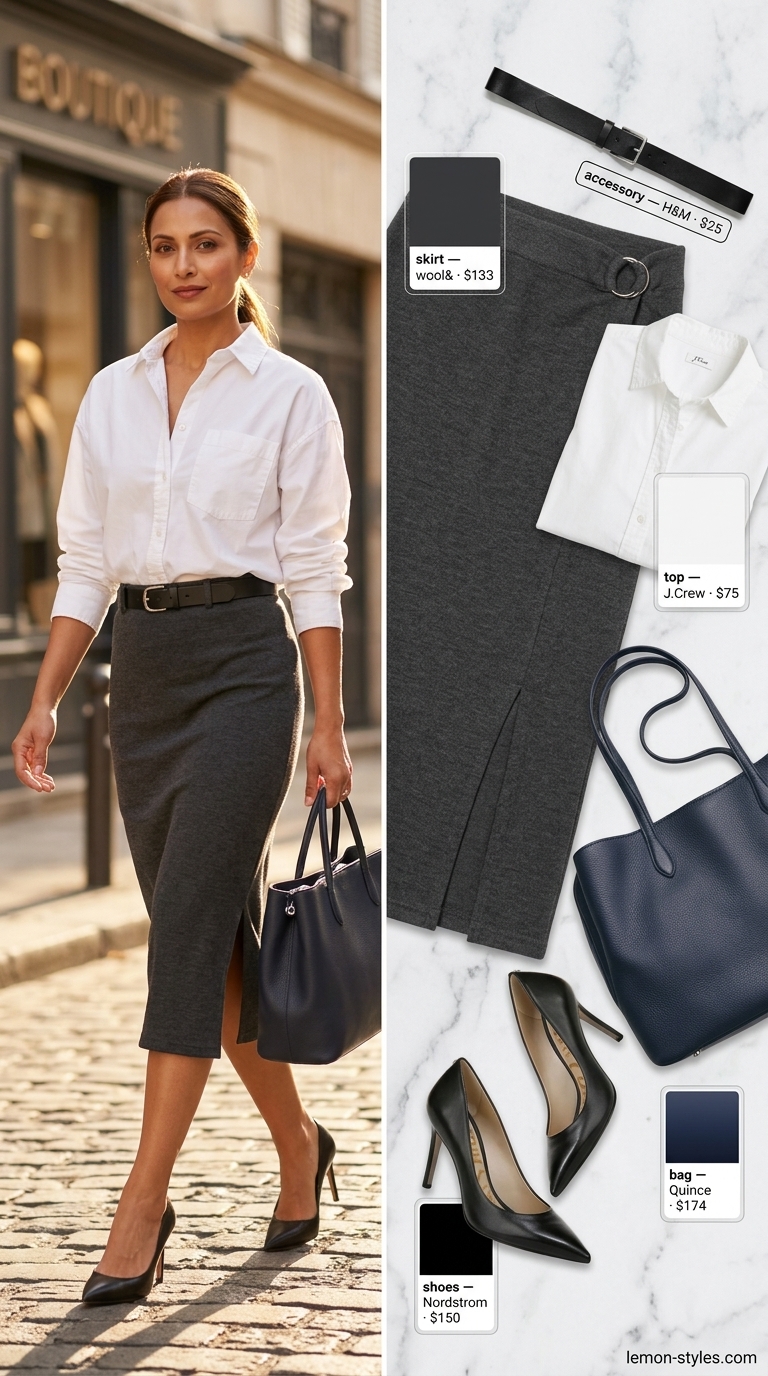 Workwear Summer Bias Skirt Outfits 2026 Chic charcoal grey bias cut midi skirt outfit for workwear with white shirt and heels.