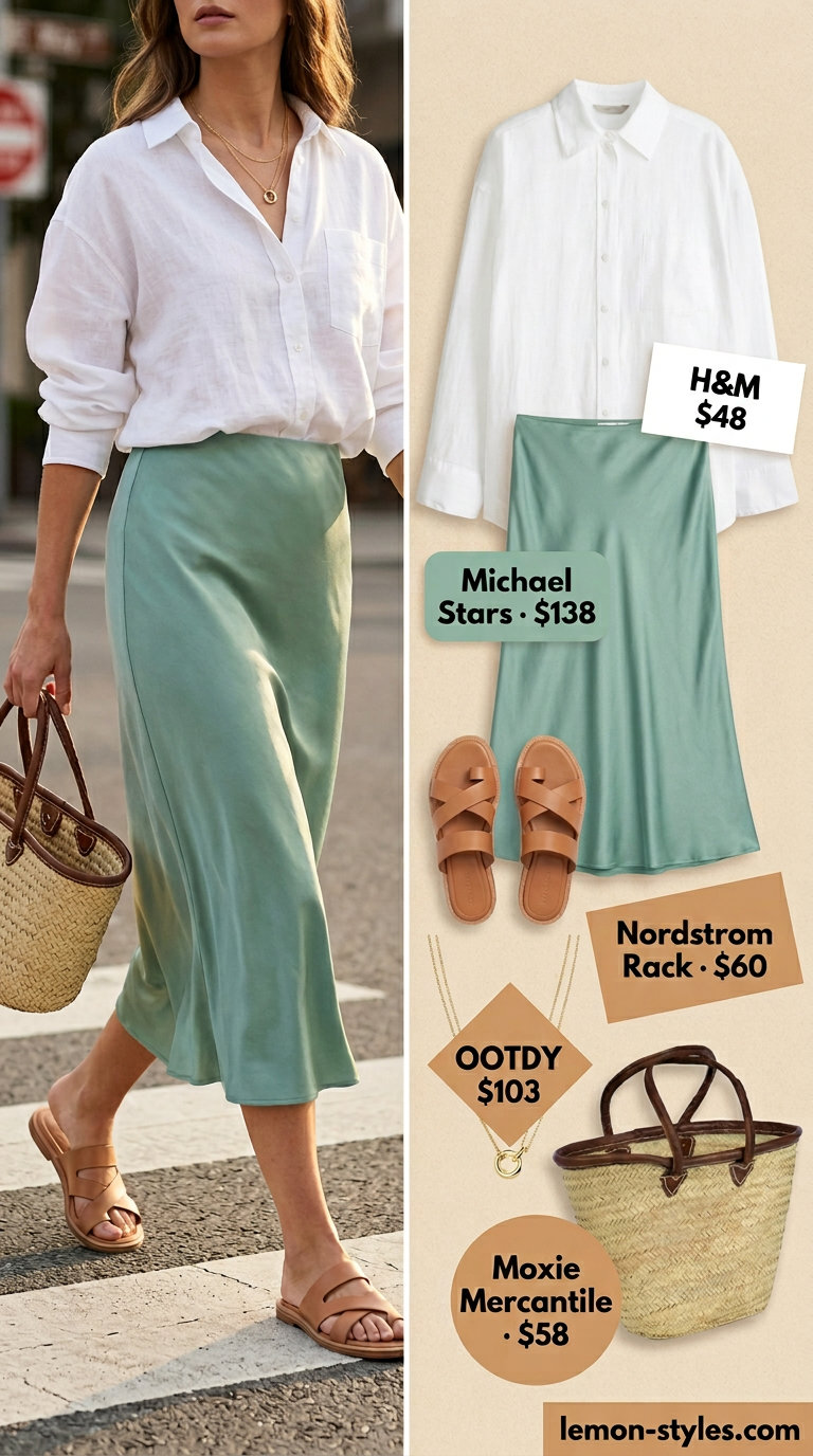 Coastal Breeze Bias Skirt Outfits 2026 Relaxed coastal breeze outfit: seafoam green bias cut midi skirt, white linen shirt, straw tote, and leather slides.