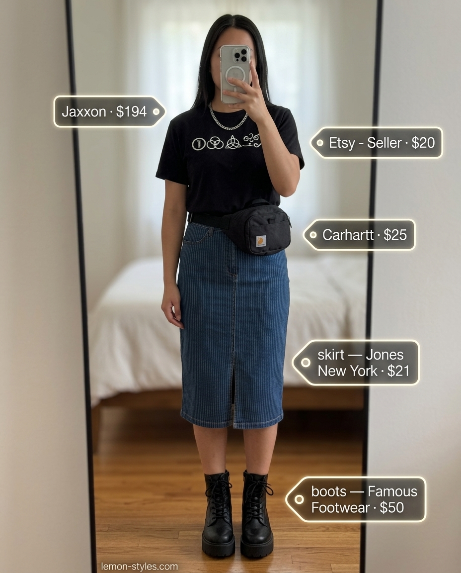 Denim Summer Bias Skirt Outfits 2026 Edgy dark wash denim bias cut skirt outfit with graphic tee and combat boots for concerts.