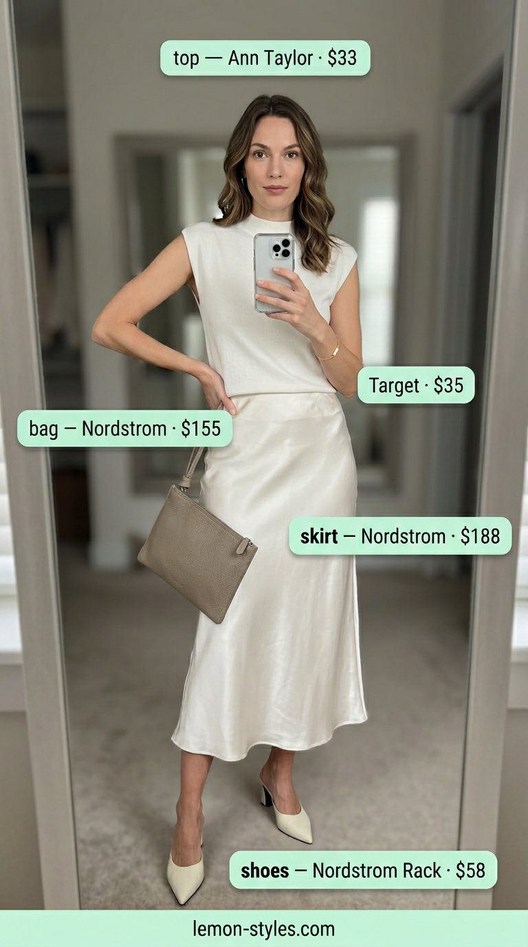 Minimalist Bias Cut Skirt Outfits 2026 Modern minimalist ivory bias cut skirt outfit with mock neck top and nude mules. Chic for summer events 2026.