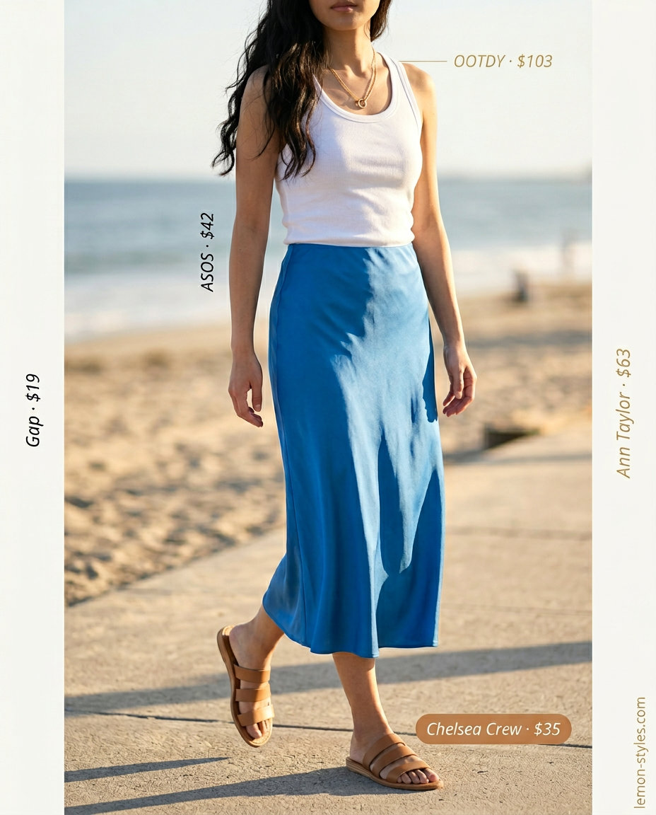 Coastal Bias Cut Skirt Outfits 2026 Airy ocean blue bias cut midi skirt outfit with ribbed tank and leather slides. Relaxed vacation style 2026.