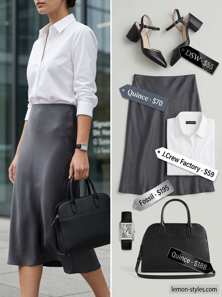 Modern Office Bias Skirt Outfits 2026 Professional office chic outfit: grey bias cut midi skirt, white button-down shirt, black pumps, and leather satchel.