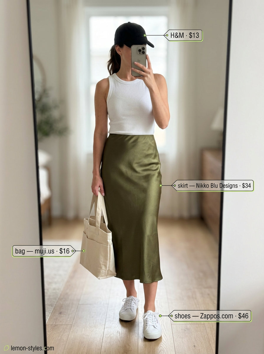 Weekend Summer Bias Skirt Outfits 2026 Casual olive green bias cut midi skirt outfit with graphic tee and sneakers for weekend.