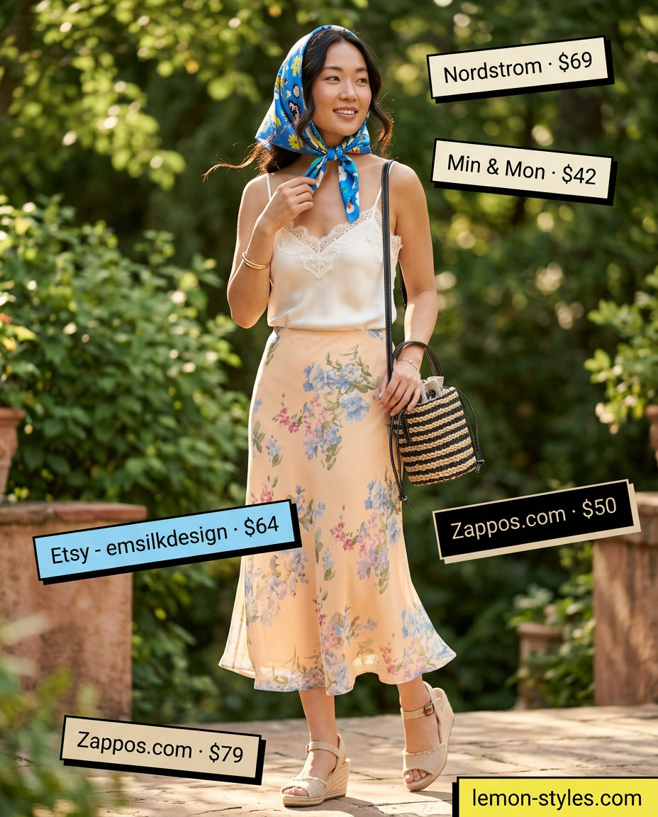Romantic Garden Bias Skirt Outfits 2026 Romantic garden party outfit: pastel floral bias cut midi skirt, ivory camisole, straw bag, and espadrille wedges.