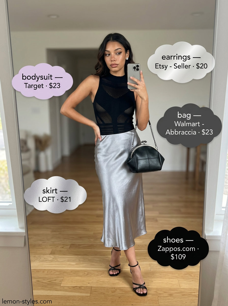 Night Out Bias Cut Skirt Outfits 2026 Glamorous silver metallic bias cut skirt outfit with black bodysuit and strappy heels. Perfect for nights out 2026.