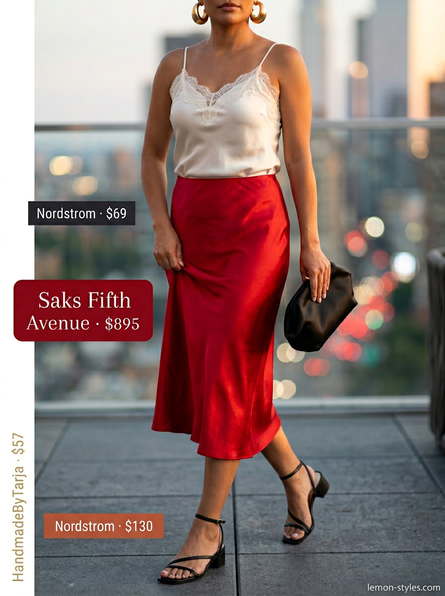 Date Night Bias Cut Skirt Outfits 2026 Romantic sunset orange bias cut skirt outfit with lace camisole and gold hoops. Perfect for date night 2026.