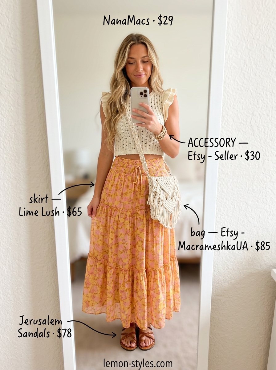 Boho Floral Bias Cut Skirt Outfits 2026 Boho chic terracotta floral maxi skirt outfit with crochet top and leather sandals. Ideal for festivals 2026.