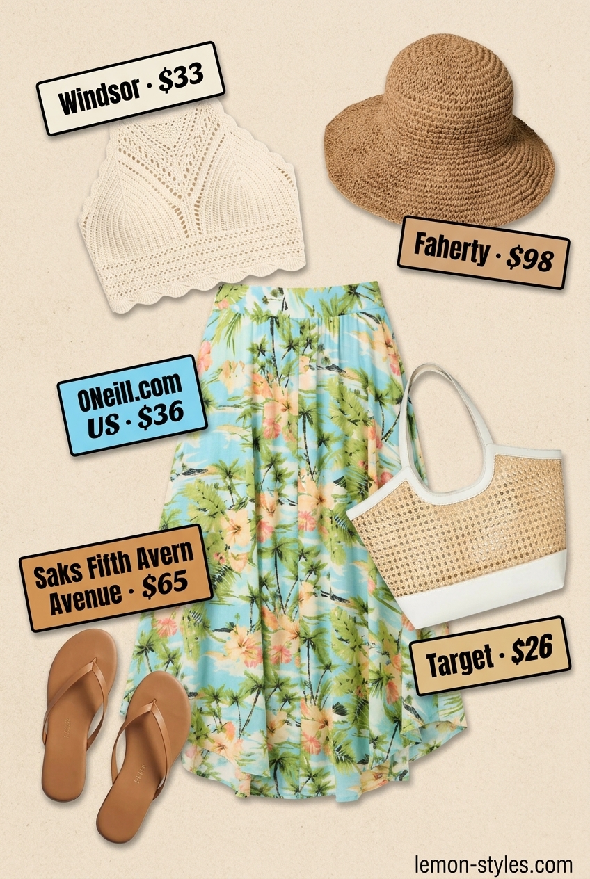 Vacation Summer Bias Skirt Outfits 2026 Tropical print bias cut maxi skirt outfit with crochet bralette for vacation.