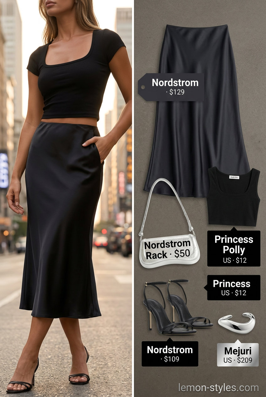 Urban Summer Evening Bias Skirt Outfits 2026 Sophisticated urban summer evening outfit: black satin bias cut midi skirt, ribbed crop top, silver jewelry, and strappy heels.
