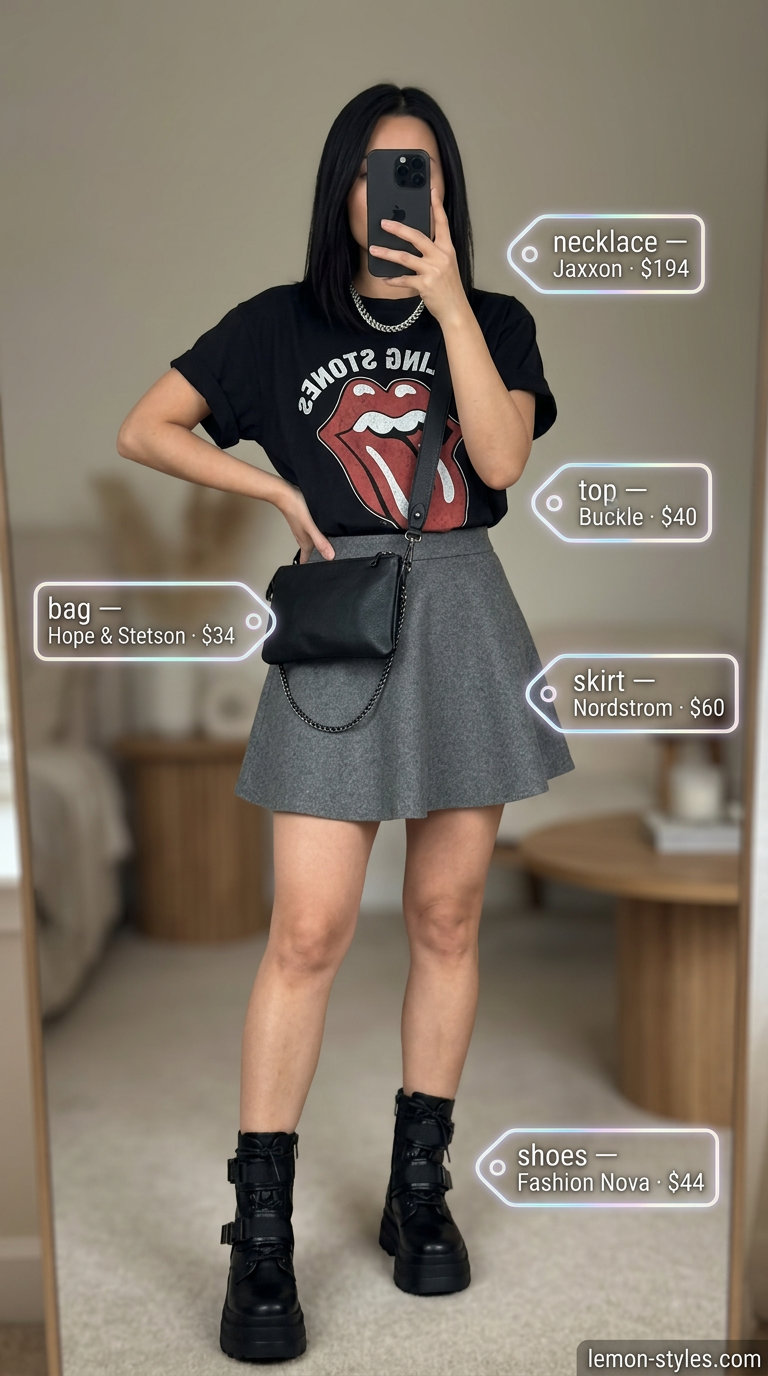Urban Explorer Summer Bias Skirt Outfits 2026 Edgy summer bias cut skirt outfit with grey skirt, graphic tee, and combat boots. Perfect for concerts.