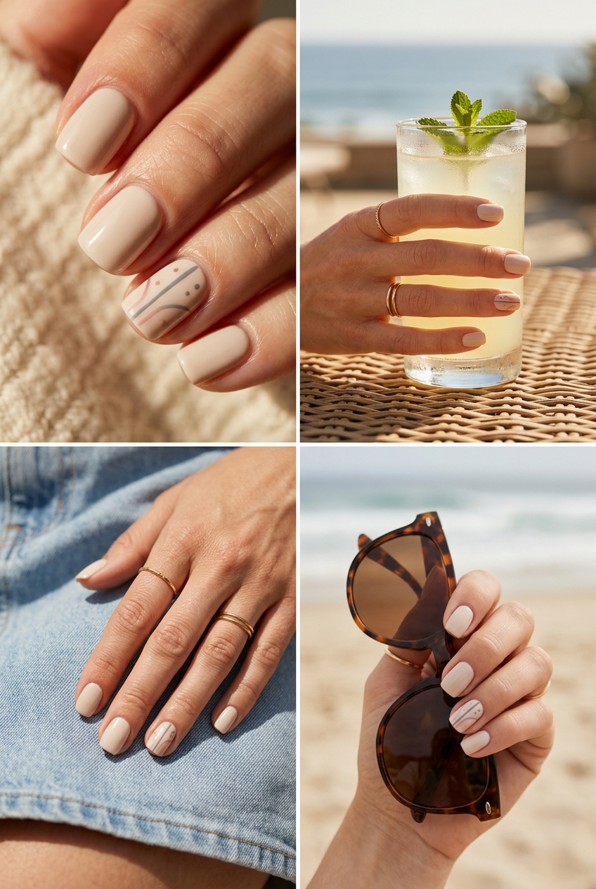 Summer classy nails 2026: Light beige square nails with subtle abstract art for office wear.