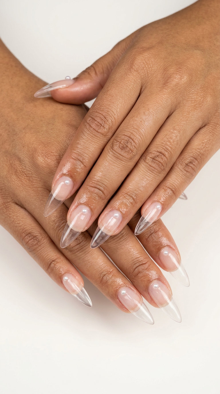 Crystal pearl extra-long stiletto nails for summer classy nails 2026, ideal for parties and gala events.