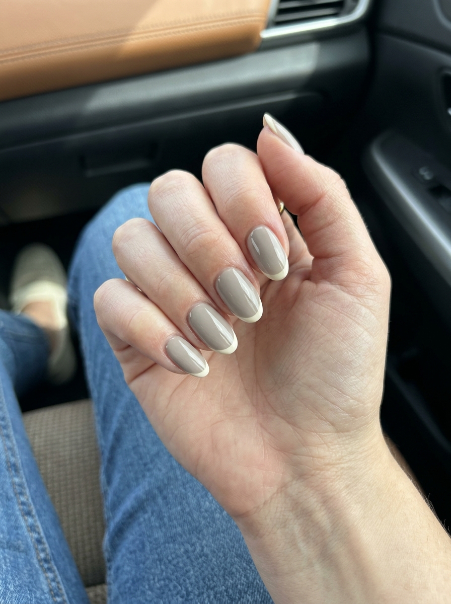 Chic greige micro French oval nails for summer classy nails 2026, perfect for work and business casual.