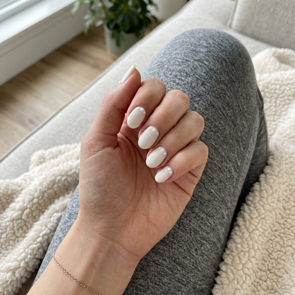 Milky white 3D pearl classic nails for summer classy nails 2026, ideal for weddings and formal events.