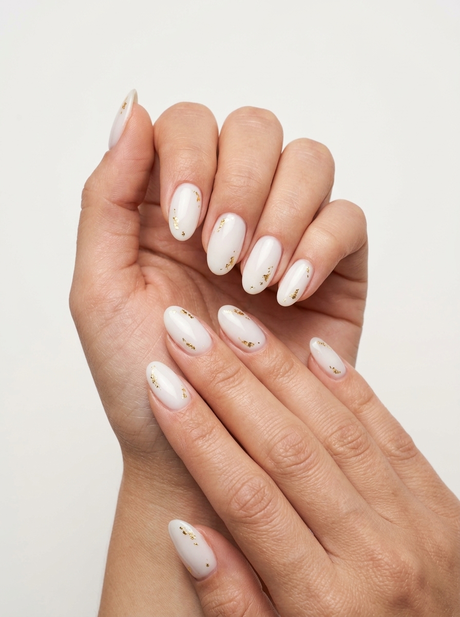 Milky white nails with gold foil flakes for summer classy nails 2026, perfect for weddings and formal events.
