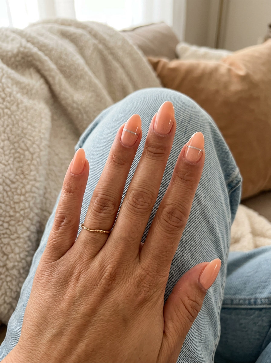 Summer classy nails 2026: Soft peach fuzz almond nails with subtle silver chrome lines for daily wear.