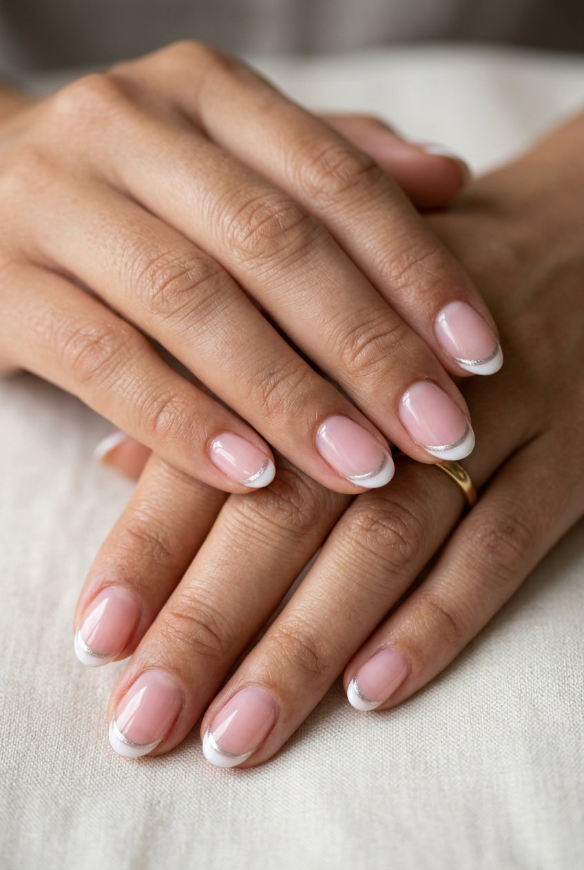 Summer classy nails 2026: Sheer pink micro French with silver chrome accent on oval nails.