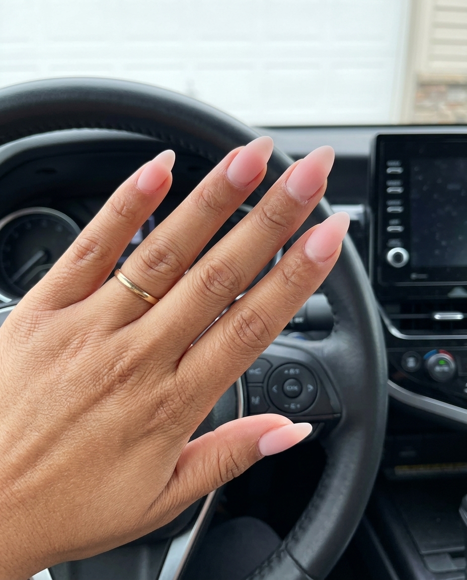 Summer classy nails 2026: Sheer pink velvet matte ombre on medium tapered nails for date night.