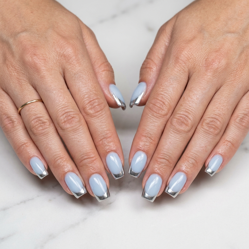 Summer classy nails 2026: Pale sky blue soft square nails with edgy silver chrome French tips.