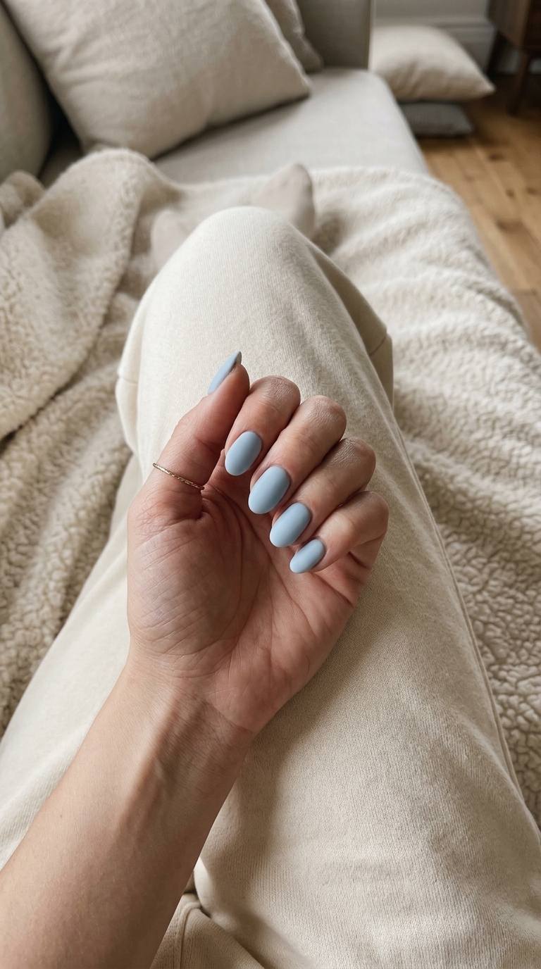 Summer classy nails 2026: Pale sky blue oval nails with a chic velvet matte finish for vacation.