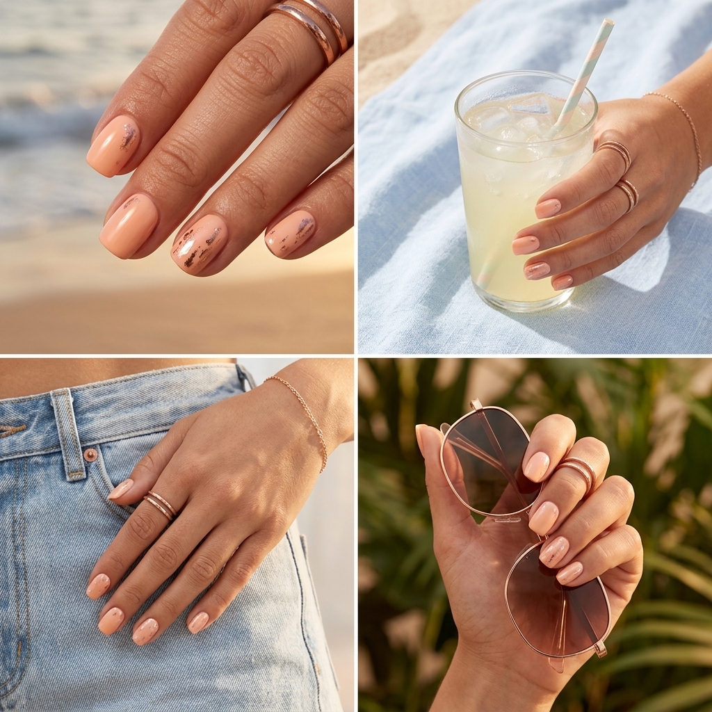 Summer classy nails 2026: Peach fuzz with rose gold chrome accents on soft square nails for vacation.