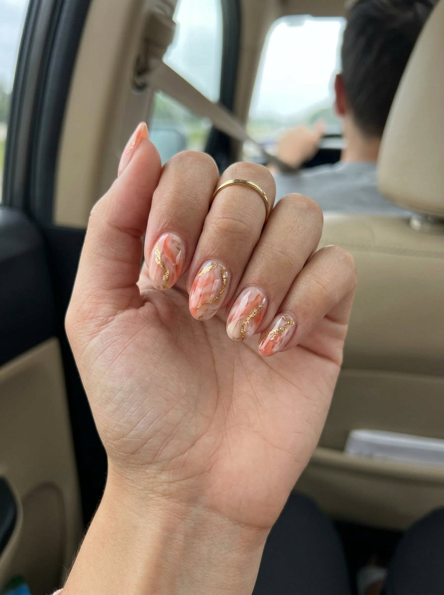 Coral marble sophisticate nails with gold foil, perfect for formal events and daily chic. Summer colorful nails designs 2026.
