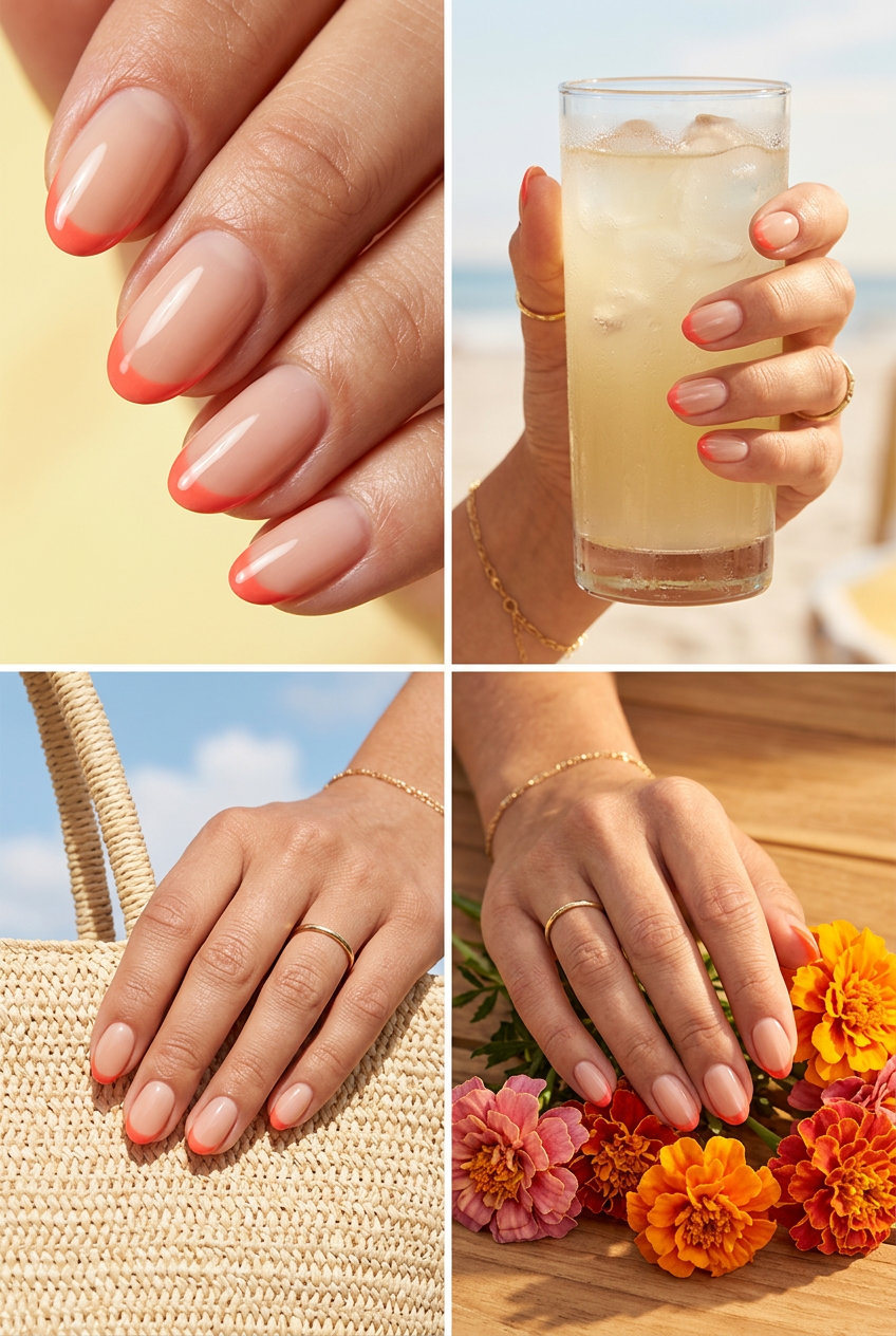 Coral micro French tip nails, a chic option for summer colorful nails designs 2026. Perfect for work.