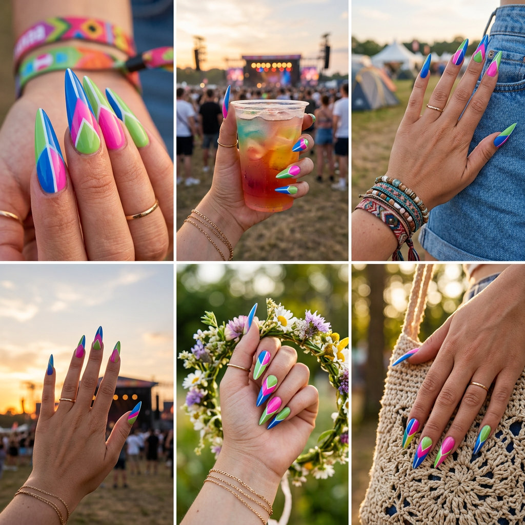 Geometric color block stiletto nails, bold for summer colorful nails designs 2026. Festival ready.