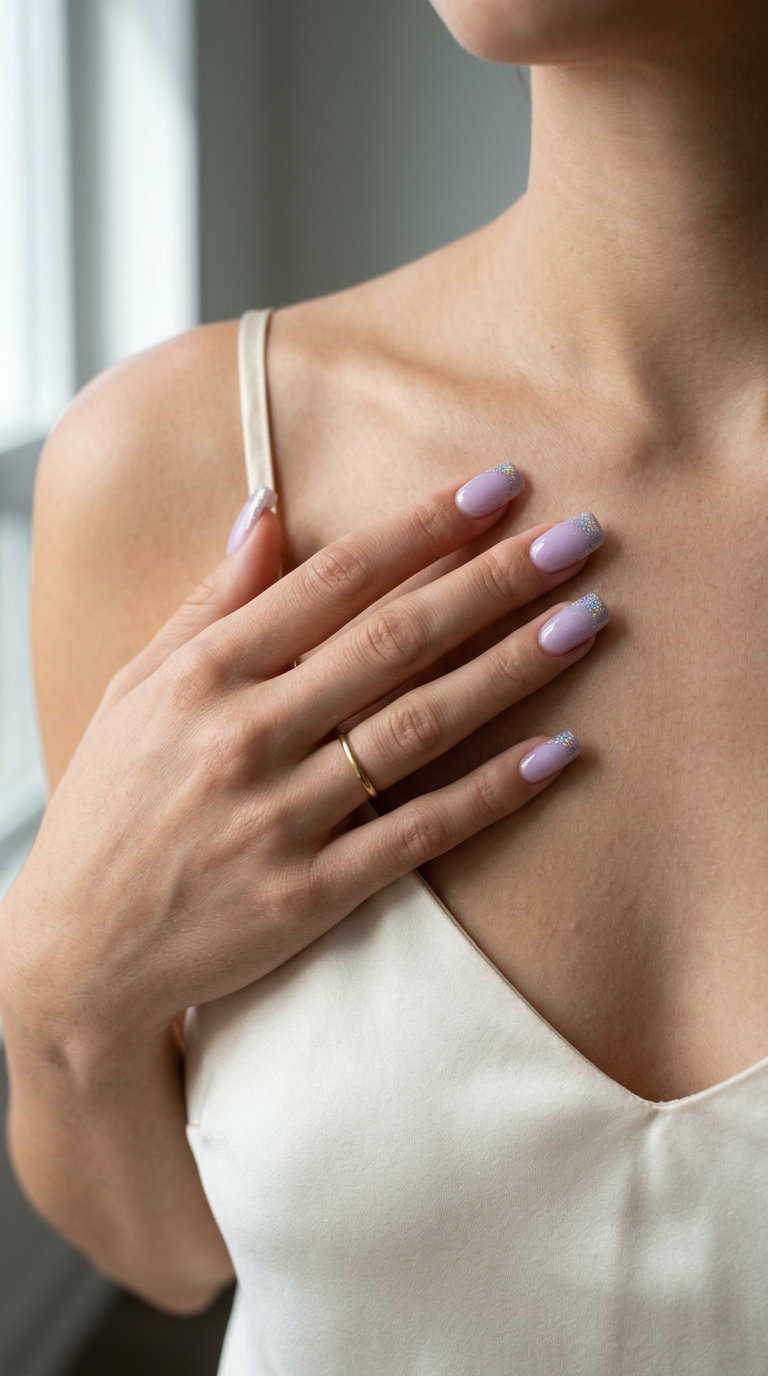 Holographic lavender sparkle tips for summer 2026: milky lavender with dazzling glitter tips. Perfect for parties.