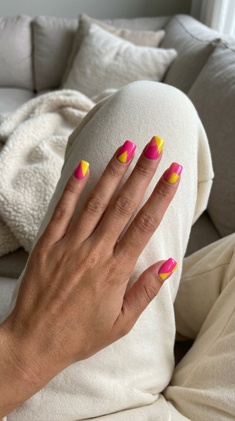 Hot pink color block square nails for summer 2026: bold geometric design in pink and yellow. Great for festivals.