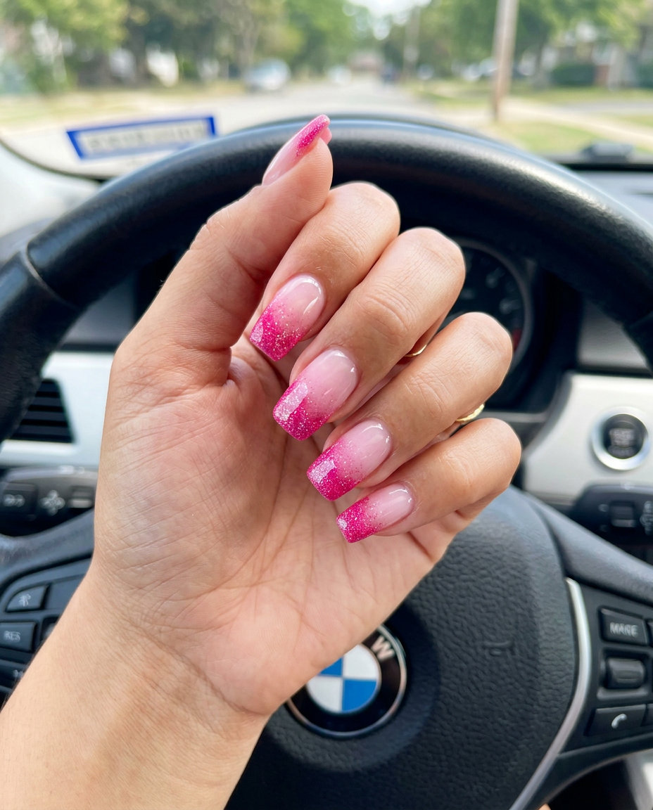 Hot pink glitter gradient nails, ideal for date nights and parties. Summer colorful nails designs 2026.