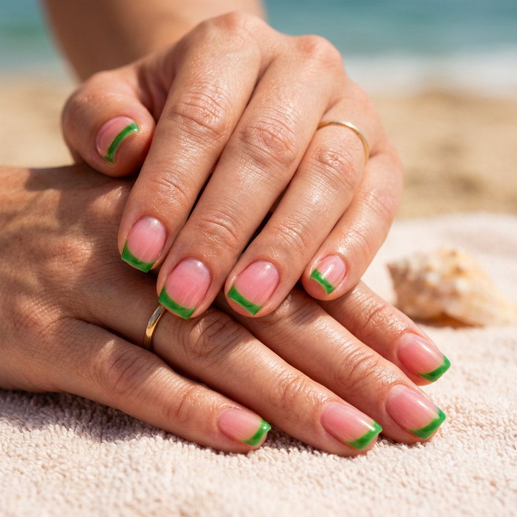 Jelly watermelon French nails for summer 2026: sheer pink with vibrant green tips. Ideal for vacations and parties.
