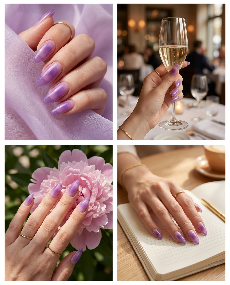 Soft lavender jelly aura nails, a dreamy option for summer colorful nails designs 2026. Ideal for date night.