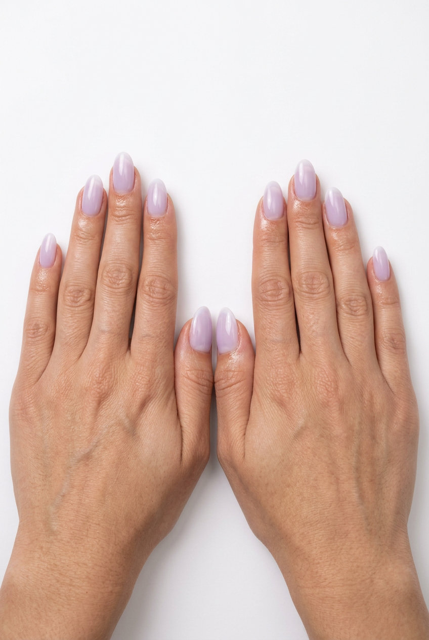 Lavender milky French nails with soft white diffused tips, perfect for elegant events. Summer colorful nails designs 2026.